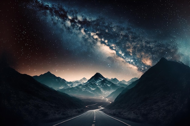 Road through the mountains at night with the Milky Way in the background