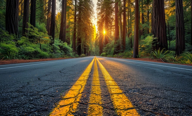 Road through redwood forest at sunset