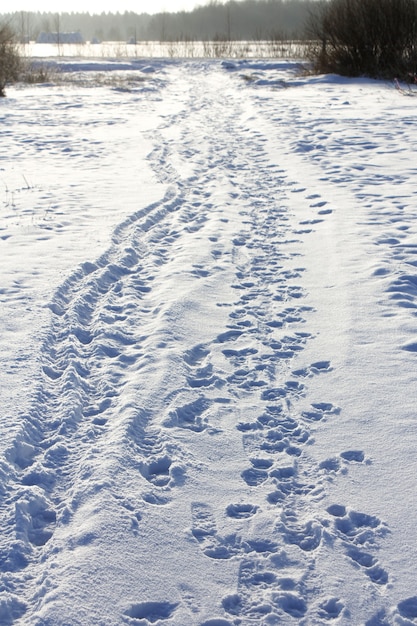 遠くに入る雪の中の道。冬の風景。