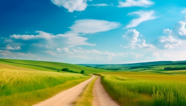 Road through summer green field