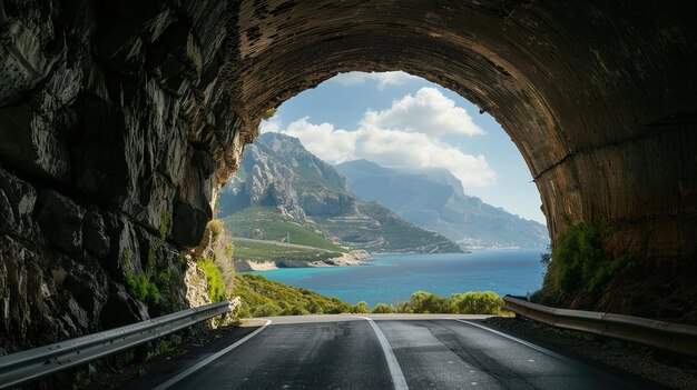 写真 トンネルを通って海へ向かう道路と背景の山