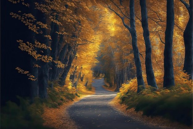 A road through the woods with a golden leafed tree.