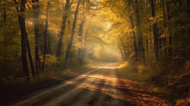 A road through the woods with the sun shining on it