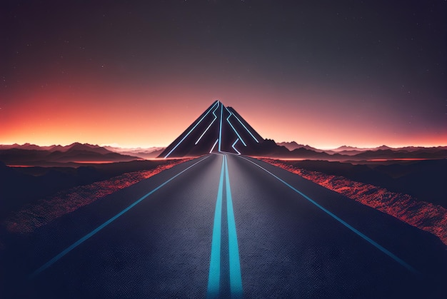 Road to the horizon-concept met synthwave-kleuren Abstracte achtergrond met surrealistische nachtmanier in jaren 80-stijl Gegenereerde AI