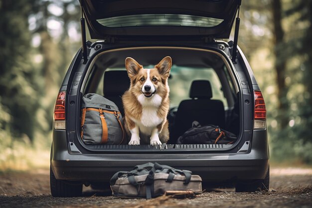 Photo on the road together a pet's car adventure amid luggage trunks