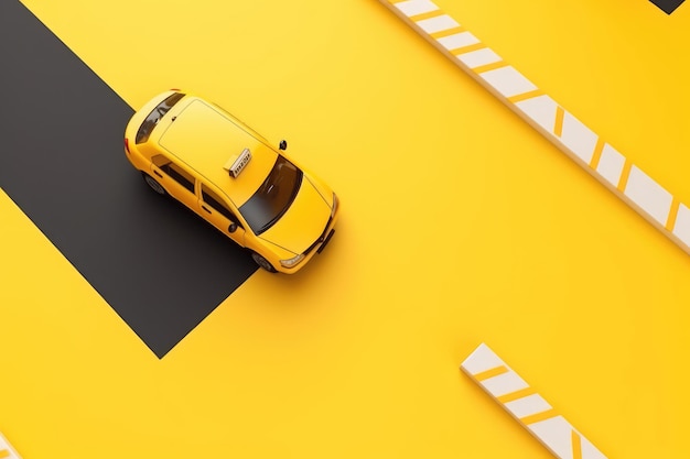 Road top view with taxi moving on yellow background