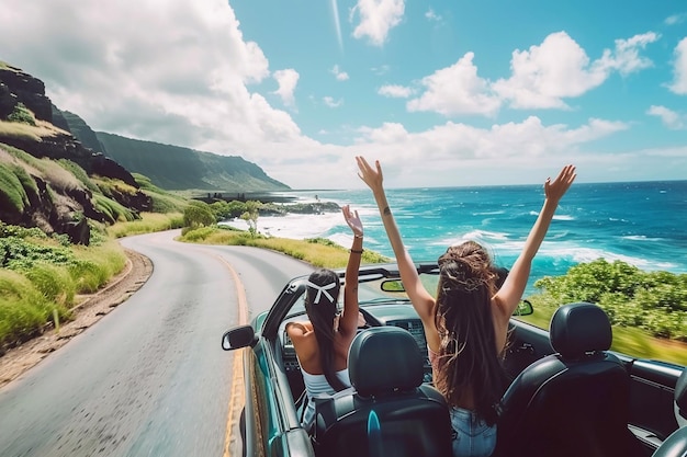 Foto viaggio in auto, vacanza, coppia felice che guida un'auto convertibile in estate, armi in alto, si divertono.