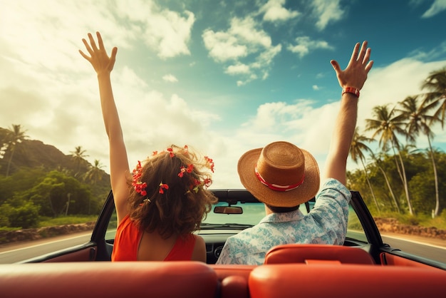 Foto un viaggio in auto, una vacanza, una coppia felice che guida un'auto convertibile.