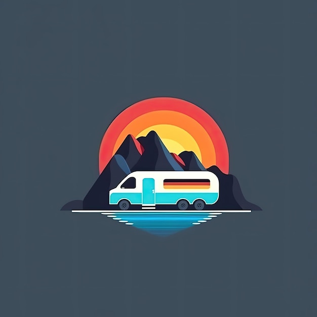 Road trip emblem with RV recreational vehicle