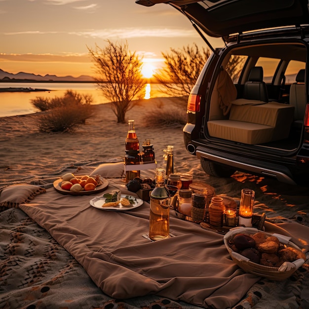 A road trip picnic in the desert of Saudi Arabia Touris trip in front of lake