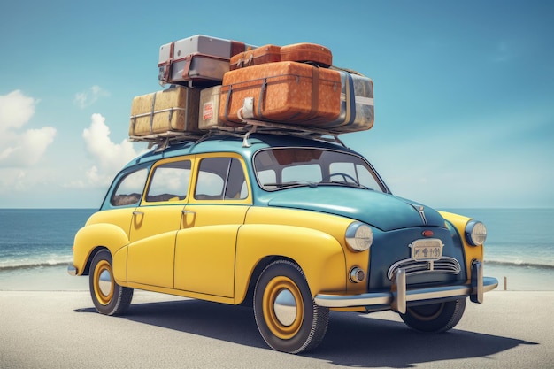 Road trip retro met koffers op gele auto AI generatief