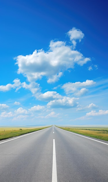 Foto viaggio dritto verso l'autostrada all'orizzonte del cielo azzurro brillante