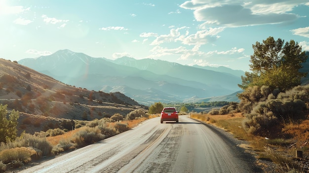 Фото Дорожная поездка по горам красная машина едет по извилистой дороге через красивый горный пейзаж