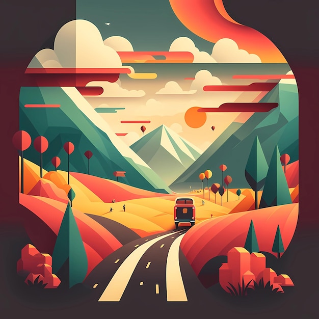 Road trip travel between mountains geometric shape illustration