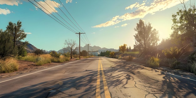 Road in the tropics with palm trees and blue sky background Ai Generated