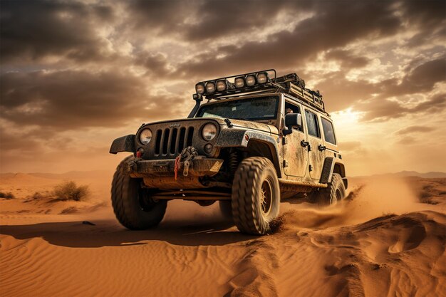 Foto veicolo stradale nel deserto con palme