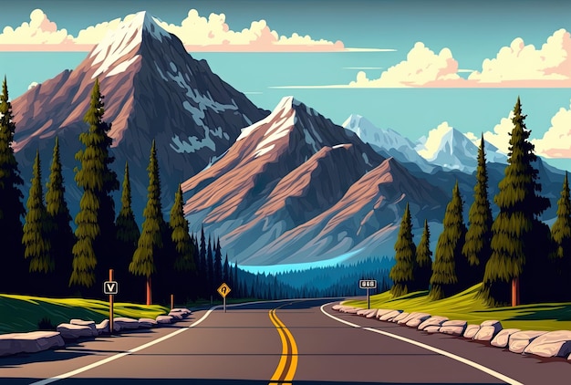 Road and a view of the Rocky Mountains