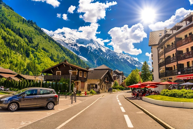 Road in village Chamonix Mont Blanc HauteSavoie Alps France