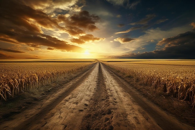 дорога в пшеничном поле на закате
