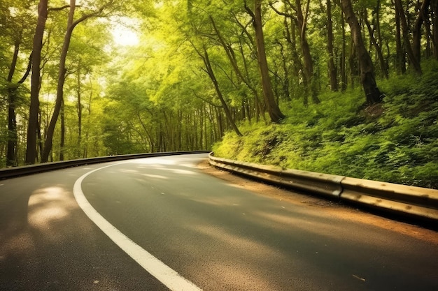 On the Road on a winding forest road hyper detail professional advertising photography AI Generated