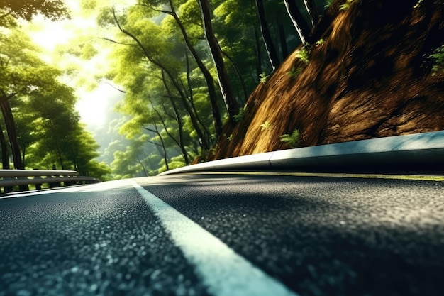 구불구불한 숲길 위의 도로에서 하이퍼 디테일 전문 광고 사진 AI 생성