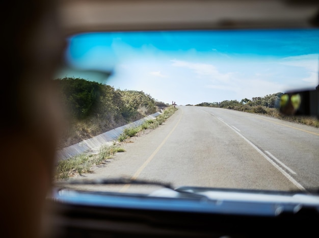 Road windscreen and travel in South Africa for vacation adventure or journey in the outdoors Traveling street in nature freedom for summer trip or leave the countryside for a new start
