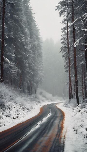 Road on winter forest background