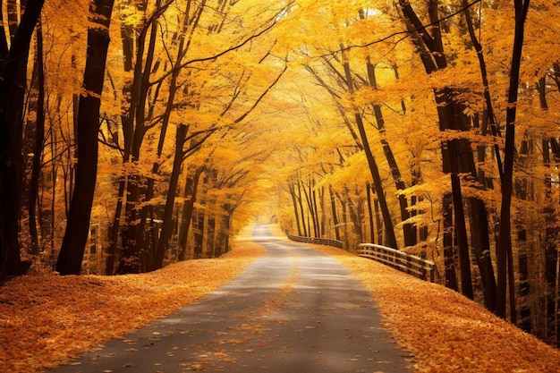 a road with autumn leaves on it