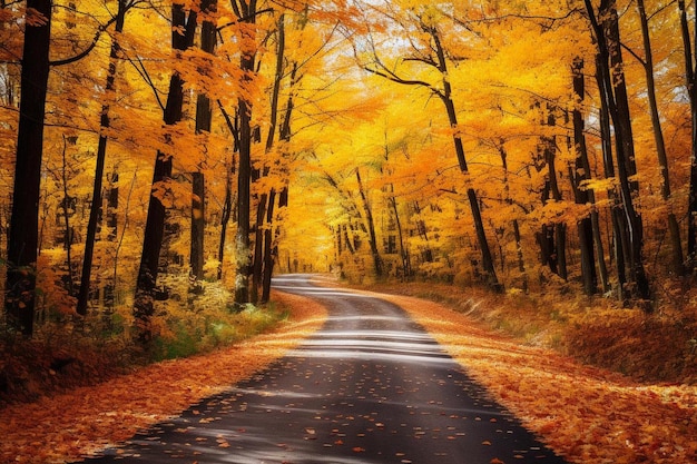 a road with autumn leaves on the side