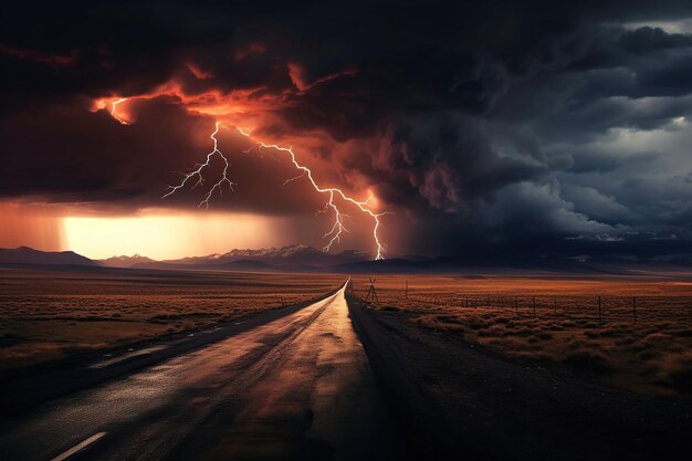 A road with bright markings stretches into the distance under a dramatic sky thunderstorm and lightning flanked by towering mountains Generative AI