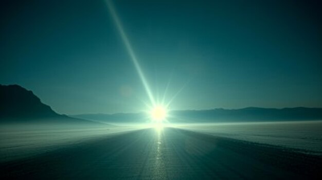 A road with a bright sun in the sky