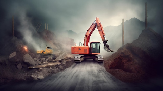 A road with a bulldozer on it