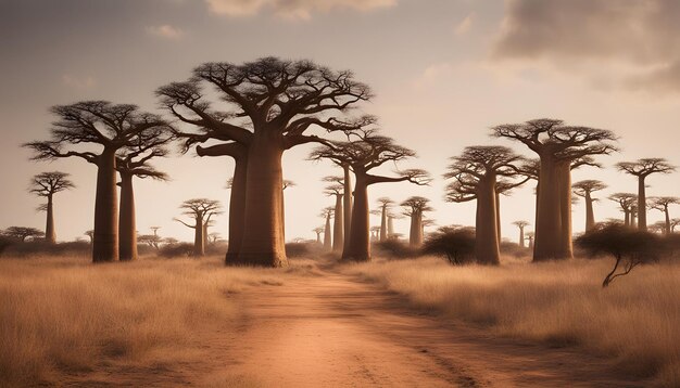 Photo a road with a bunch of baobab trees on it