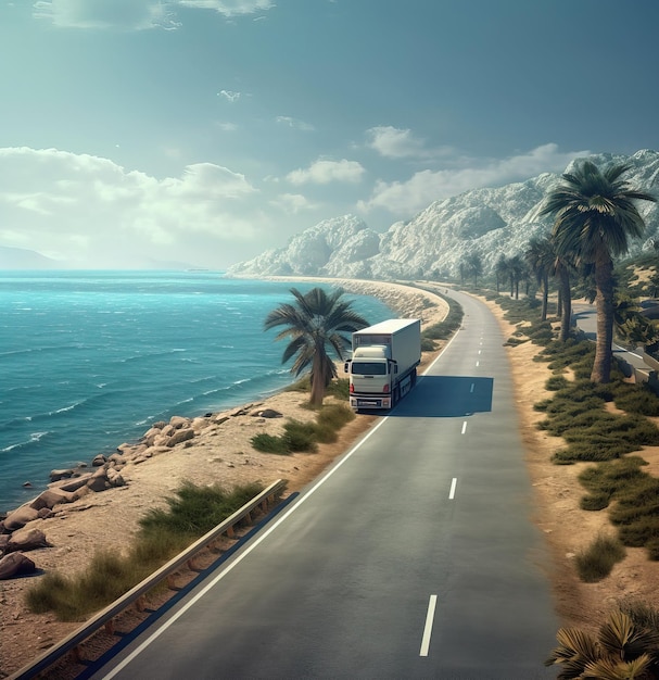 A road with a bus on it and palm trees on the side.