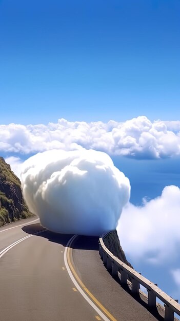 a road with a car driving on it and a cloud in the sky