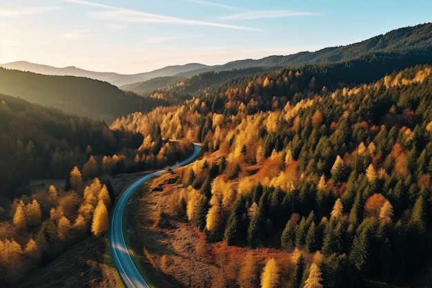 Photo a road with a car passing through a forest with trees on the side and a car driving on the road