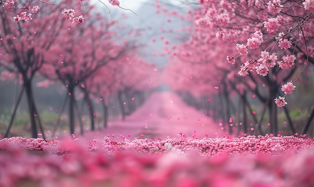 a road with cherry blossoms in the background