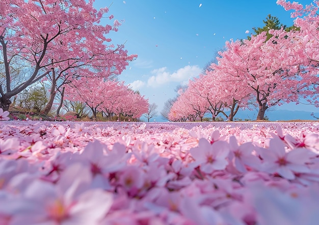 Photo a road with cherry blossoms in the middle and a blue sky in the background