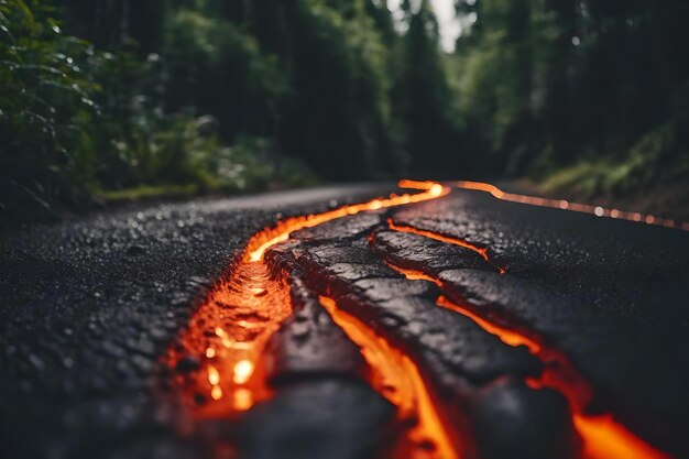 Foto una strada con una crepa e un buco nero al centro.