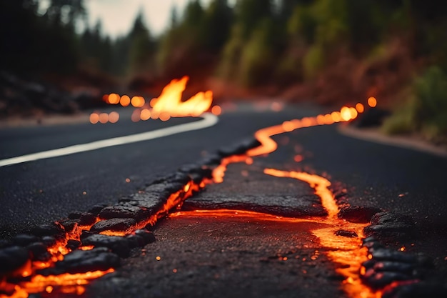 Foto una strada con una crepa che è stata lastricata con il fuoco e le auto che vi viaggiano.