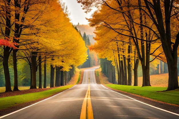 A road with fall foliage on the side