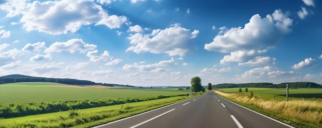 a road with a fence and a field of grass