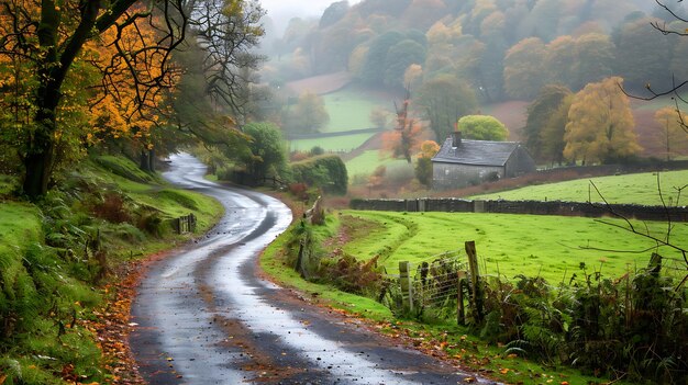 Photo a road with a field and a house in the background