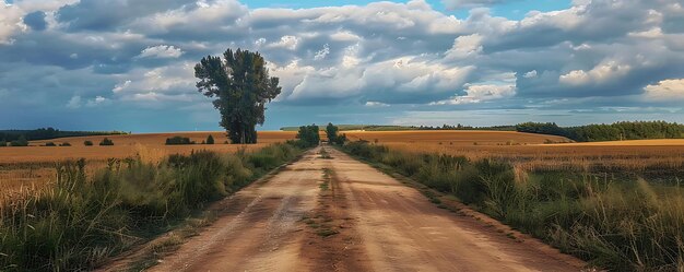 Photo a road with a field and a tree on the right side