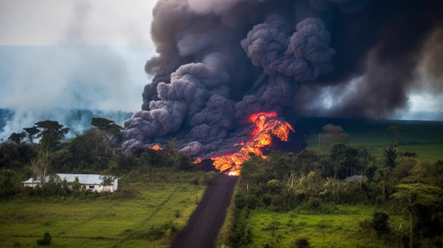 A road with a fire in the background