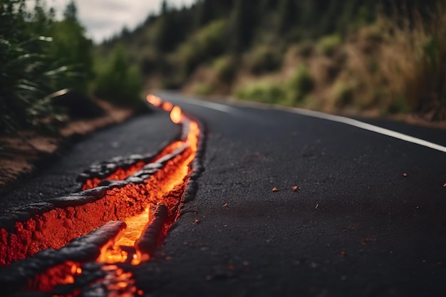 Foto una strada con un fuoco in mezzo