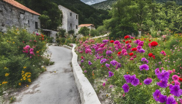 Photo a road with flowers and a road with a house in the background