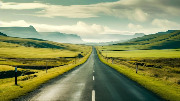 A road with a green field and mountains in the background