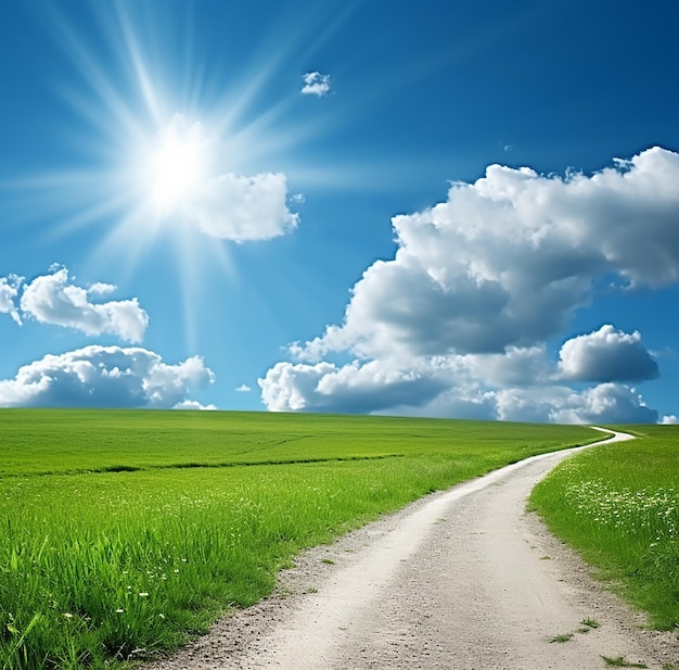 Road with green grass and blue clouds vintage style