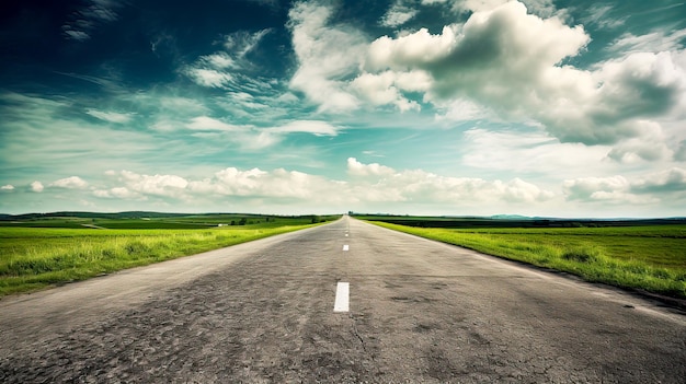 A road with green grass and a blue sky